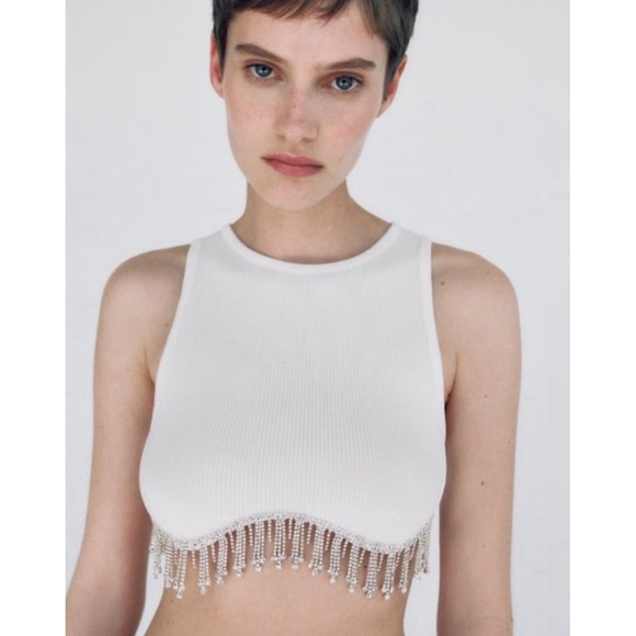 Zara Limited Edition Seamless Crop Top Viral Rhinestone Fringe Hem Sz XS/S - Picture 2 of 10